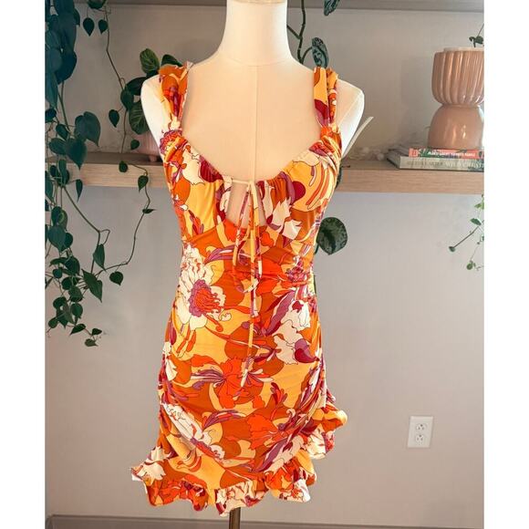 Urban Outfitters Floral Ruched Ruffle Mini Dress Orange Yellow Groovy Y2K Retro - Picture 1 of 6